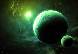 A planet and moon in a green glow